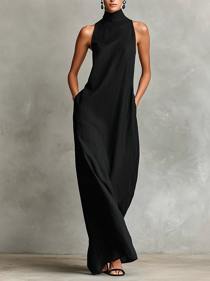 Minimalist Black Long-Sleeve Turtleneck Dress (with Side Pockets)