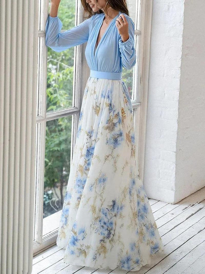 Atemberaubendes Maxikleid mit Blumenmuster und V-Ausschnitt