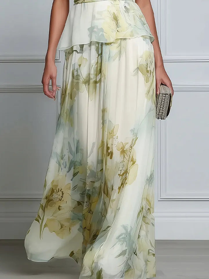 Layered Floral Sleeveless Waist Flowing Maxi Dress