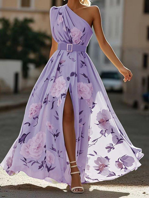 Hellgrünes, geblümtes, gerafftes A-Linien-Maxikleid aus Chiffon mit One-Shoulder-Schulter.