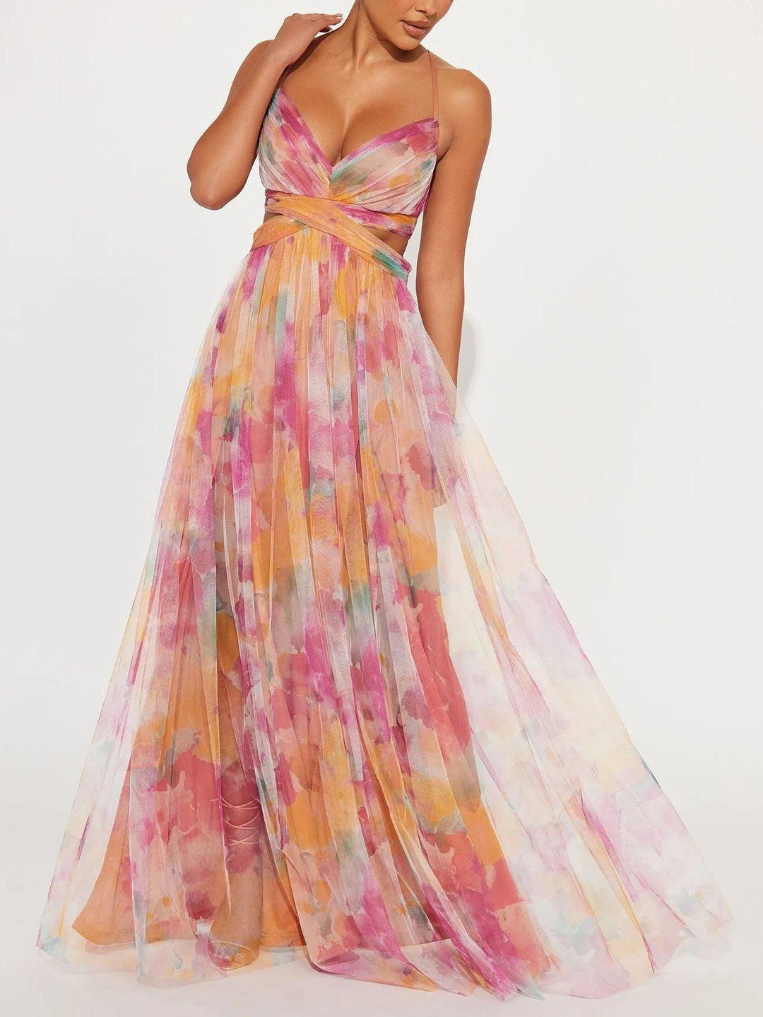 Elegantes Maxikleid in A-Linie mit gemaltem Blumenmuster und V-Ausschnitt