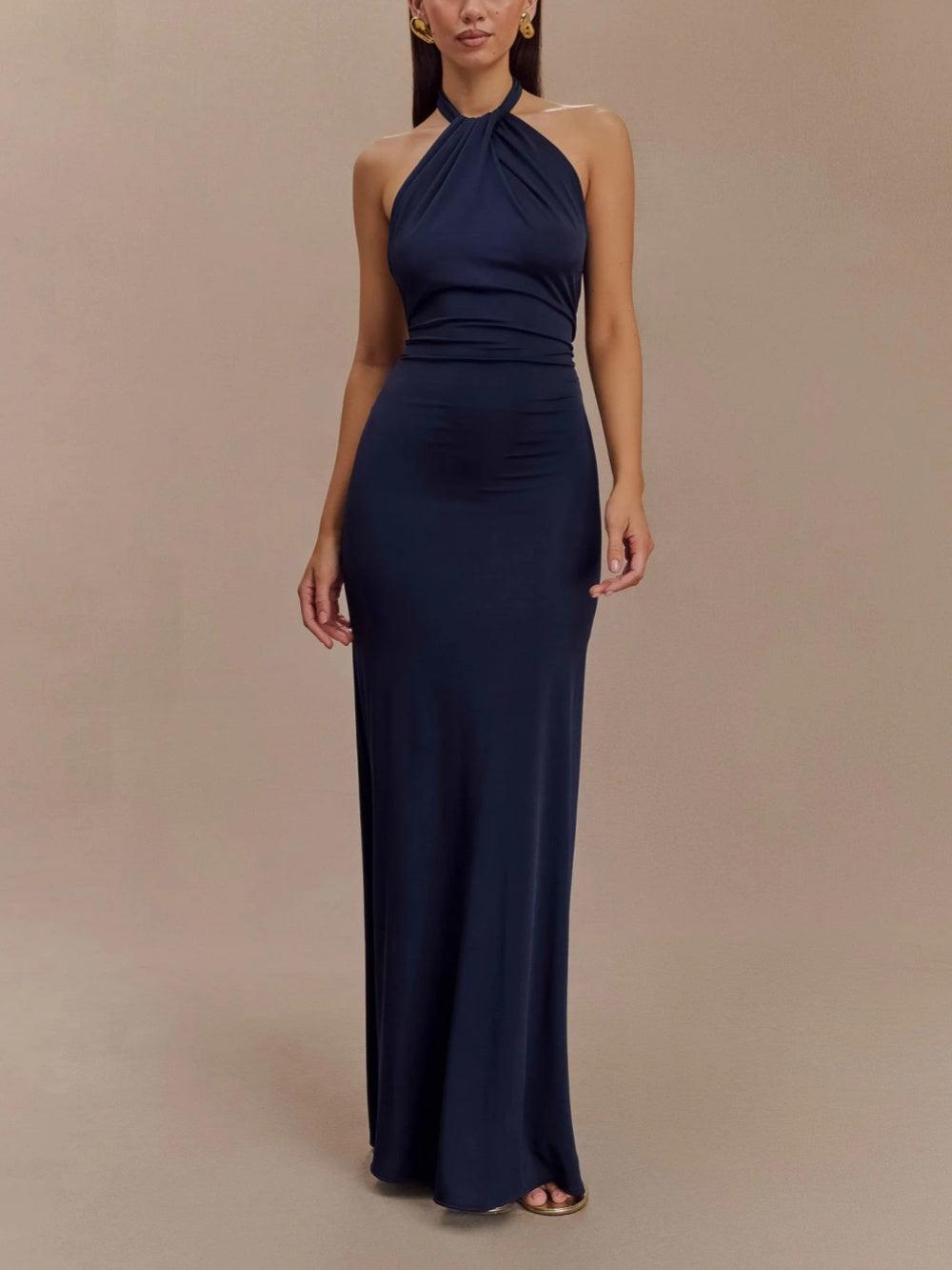 Figurbetontes Neckholder-Maxikleid – Marineblau