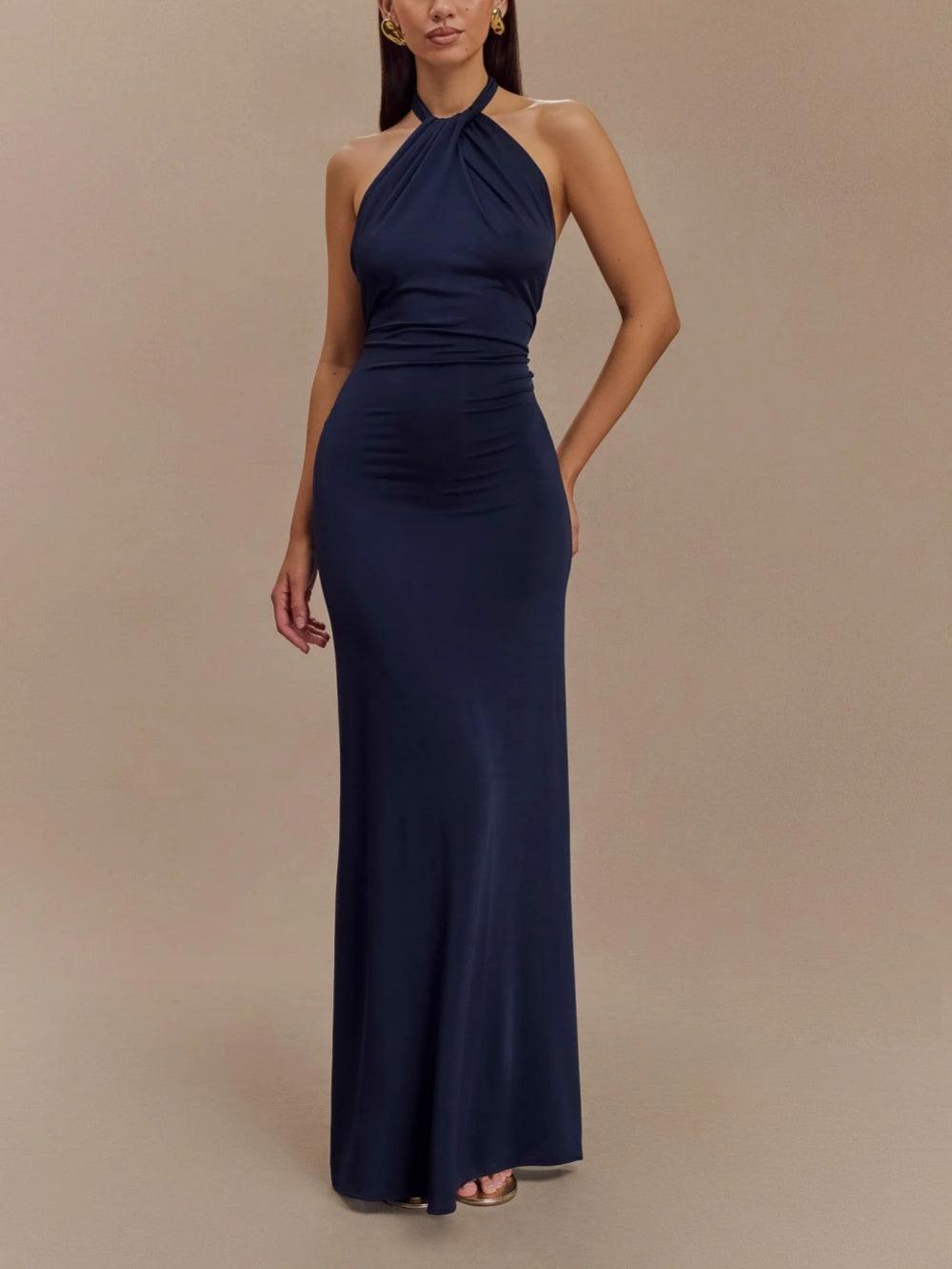 Figurbetontes Neckholder-Maxikleid – Marineblau