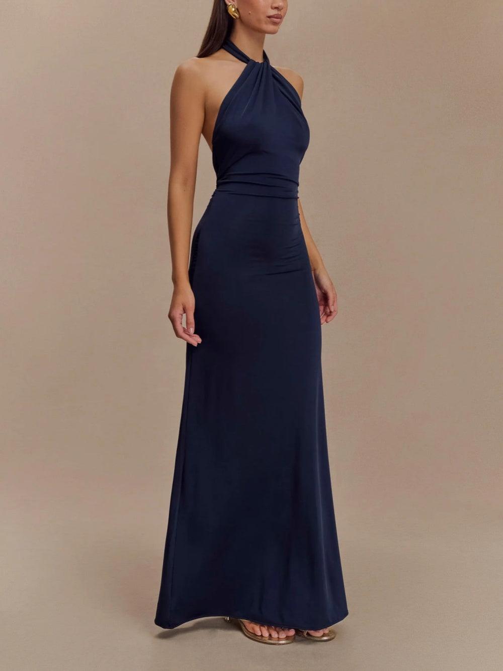 Figurbetontes Neckholder-Maxikleid – Marineblau