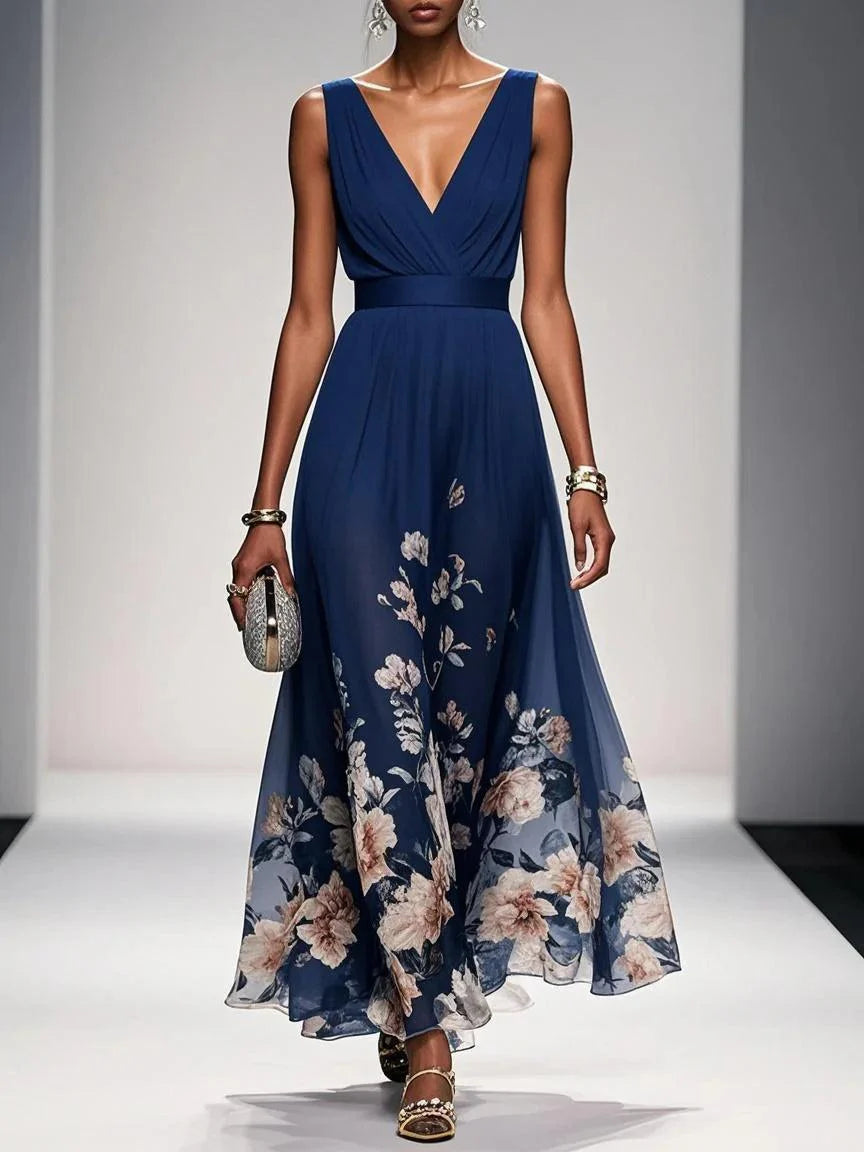 Hellblaues, ärmelloses A-Linien-Maxikleid aus Chiffon mit Blumenmuster und V-Ausschnitt