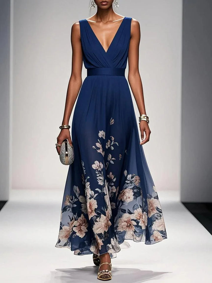 Hellblaues, ärmelloses A-Linien-Maxikleid aus Chiffon mit Blumenmuster und V-Ausschnitt