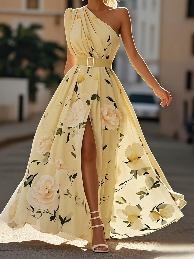 Hellgrünes, geblümtes, gerafftes A-Linien-Maxikleid aus Chiffon mit One-Shoulder-Schulter.