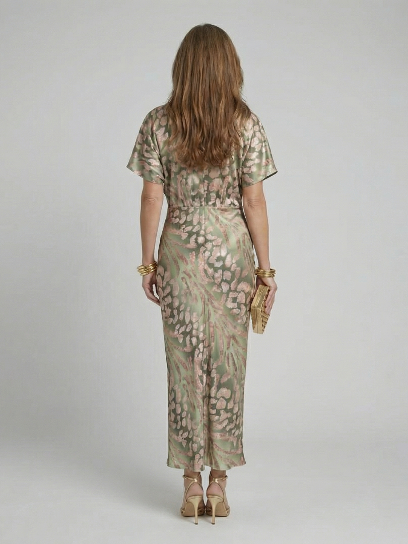 Claire Verra™ | Abstract Print V Neck Twist Waist Midi Dress