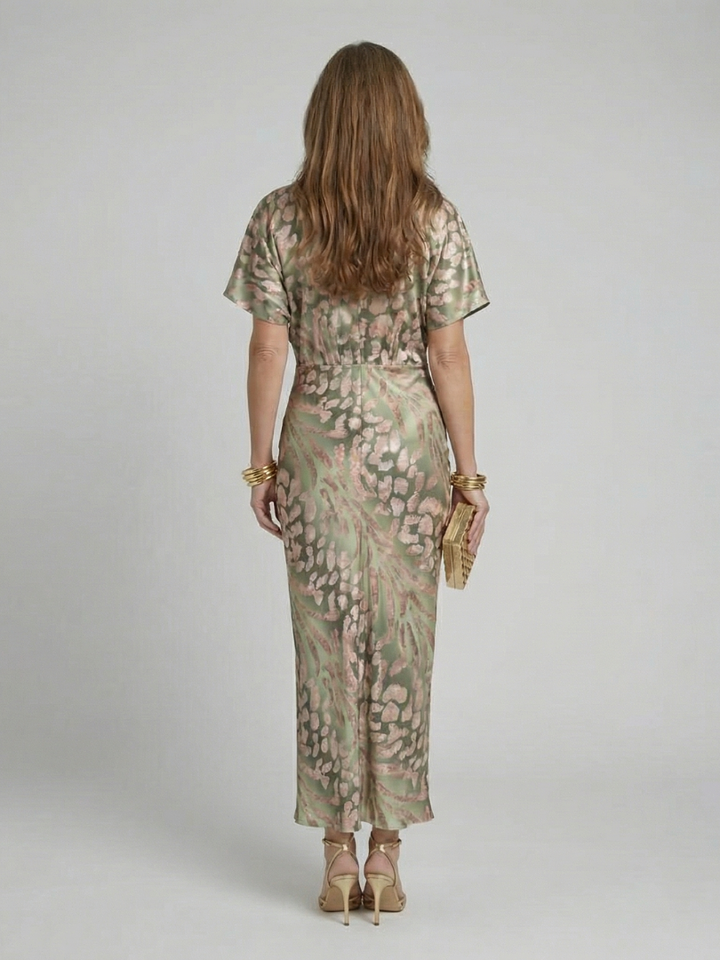 Claire Verra™ | Abstract Print V Neck Twist Waist Midi Dress