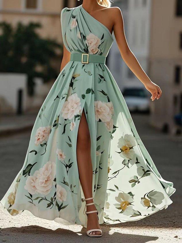 Hellgrünes, geblümtes, gerafftes A-Linien-Maxikleid aus Chiffon mit One-Shoulder-Schulter.