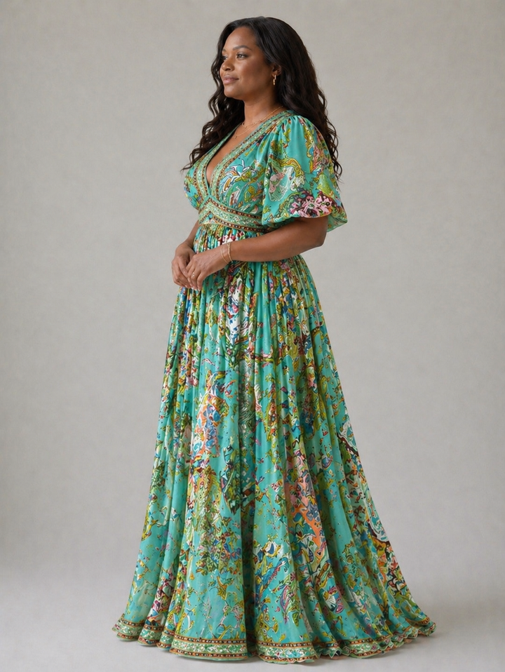 Claire Verra™| Airy maxi dress with puff sleeves and V-neck