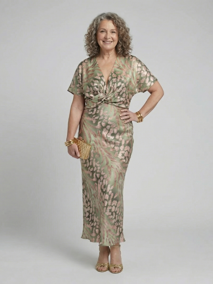 Claire Verra™ | Abstract Print V Neck Twist Waist Midi Dress