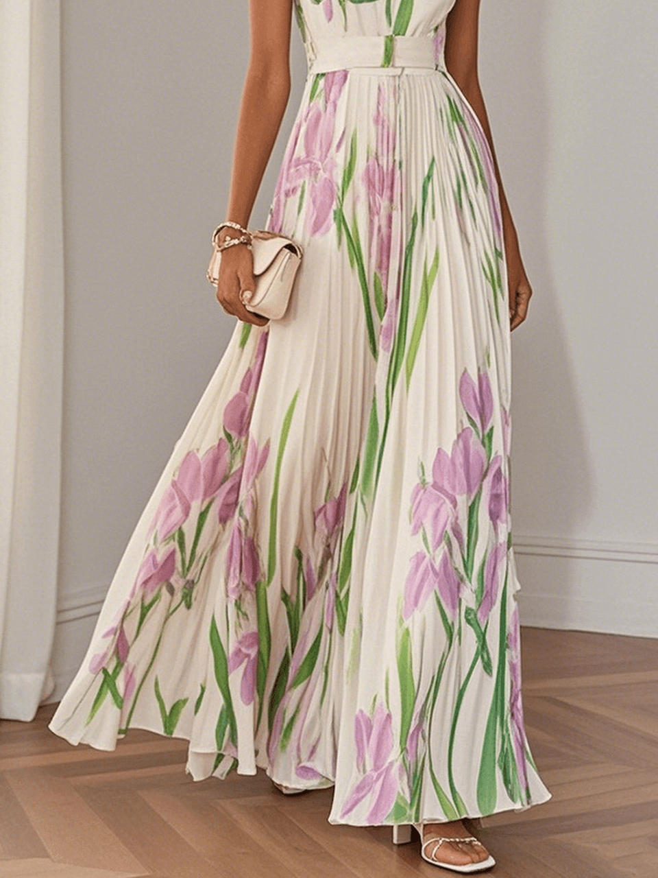 Weißes, plissiertes, blumengemustertes Chiffonkleid mit eckigem Ausschnitt, ärmellos, A-Linien-Maxikleid