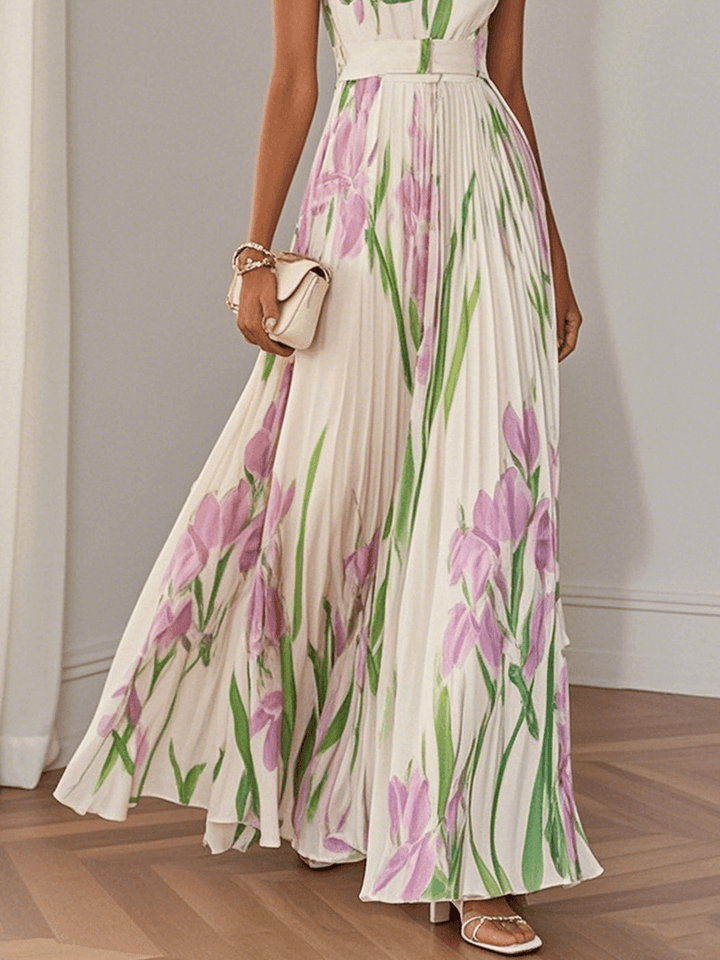 Weißes, plissiertes, blumengemustertes Chiffonkleid mit eckigem Ausschnitt, ärmellos, A-Linien-Maxikleid