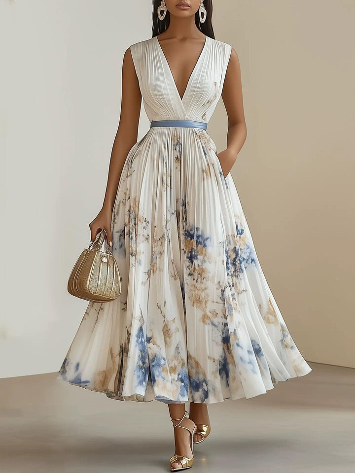 Frühlingsneues weißes plissiertes Chiffonkleid mit Blumenmuster, V-Ausschnitt, ärmellos, A-Linie, Midi-Länge, mit V-Ausschnitt, ärmellos