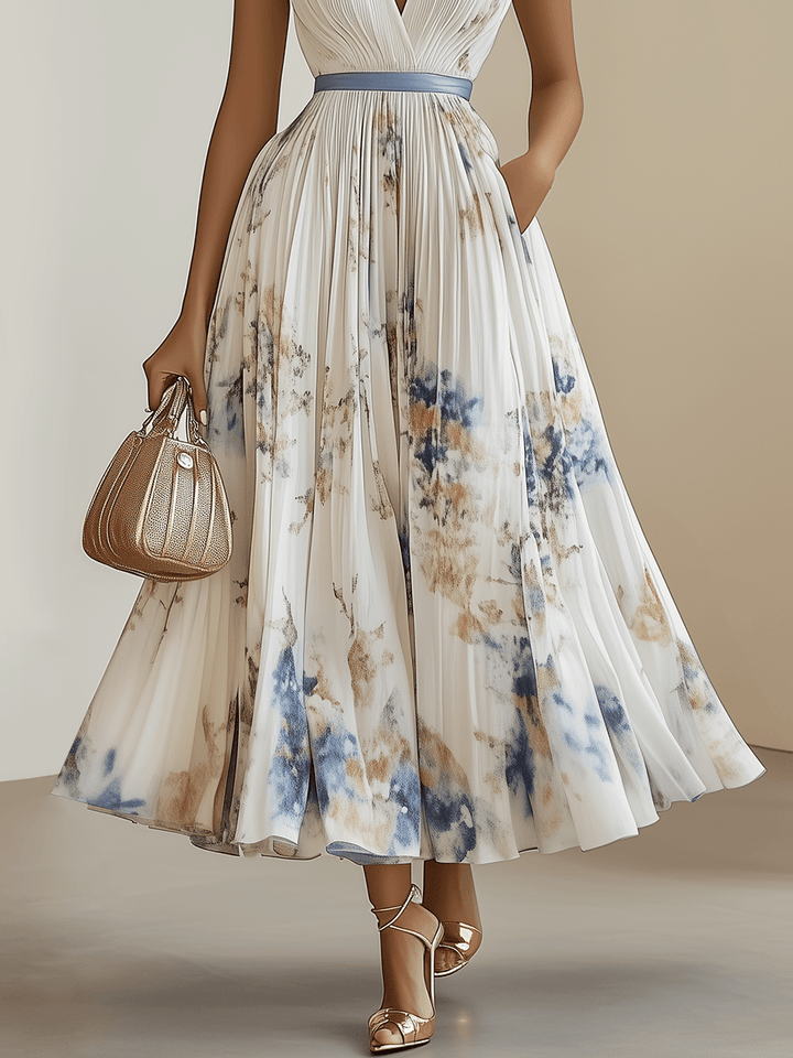 Frühlingsneues weißes plissiertes Chiffonkleid mit Blumenmuster, V-Ausschnitt, ärmellos, A-Linie, Midi-Länge, mit V-Ausschnitt, ärmellos