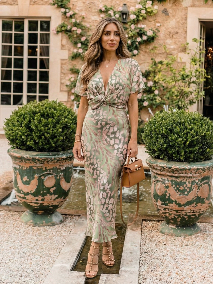 Claire Verra™ | Abstract Print V Neck Twist Waist Midi Dress