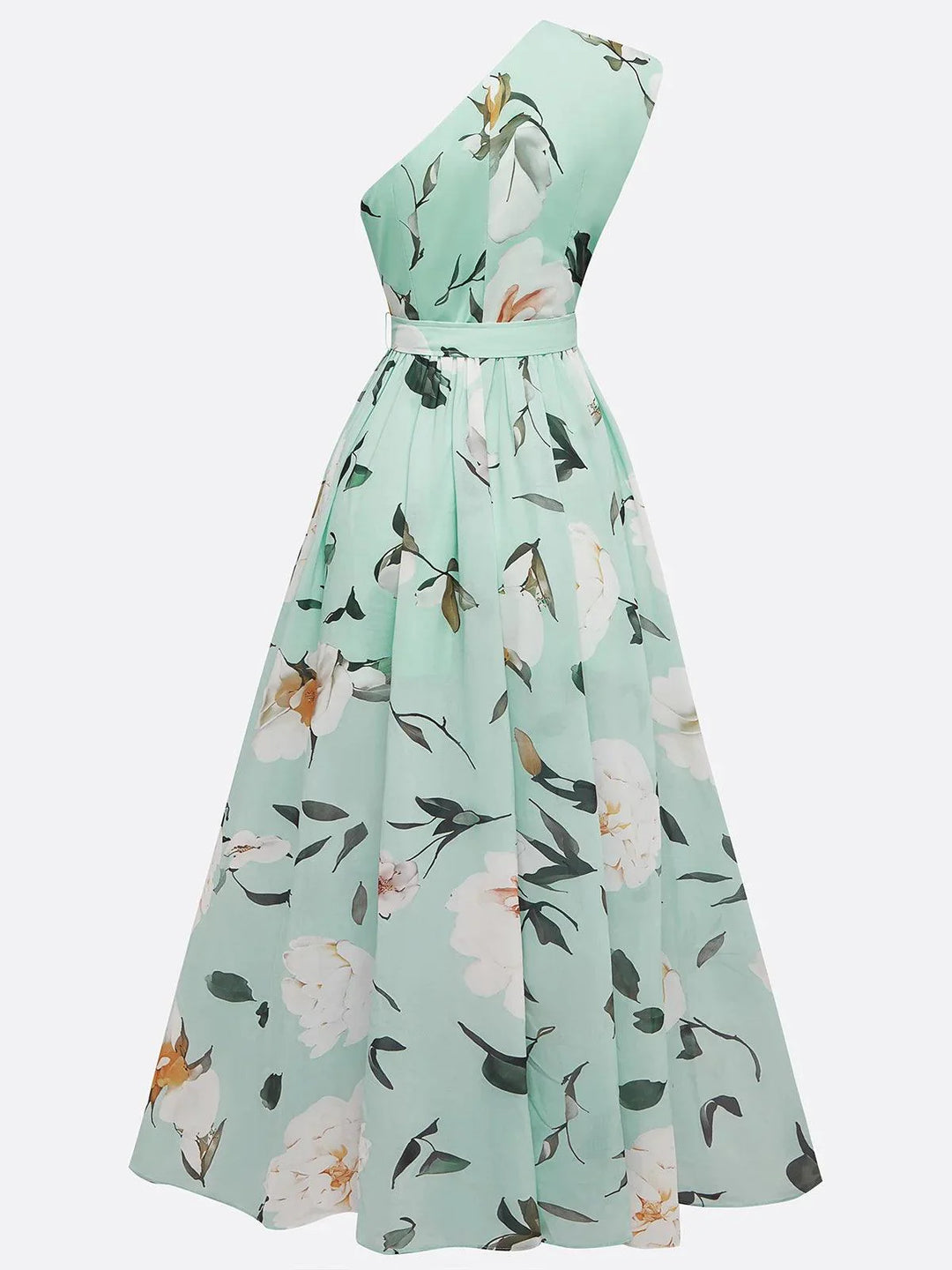 Hellgrünes, geblümtes, gerafftes A-Linien-Maxikleid aus Chiffon mit One-Shoulder-Schulter.