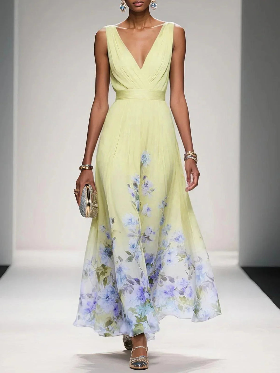 Hellblaues, ärmelloses A-Linien-Maxikleid aus Chiffon mit Blumenmuster und V-Ausschnitt