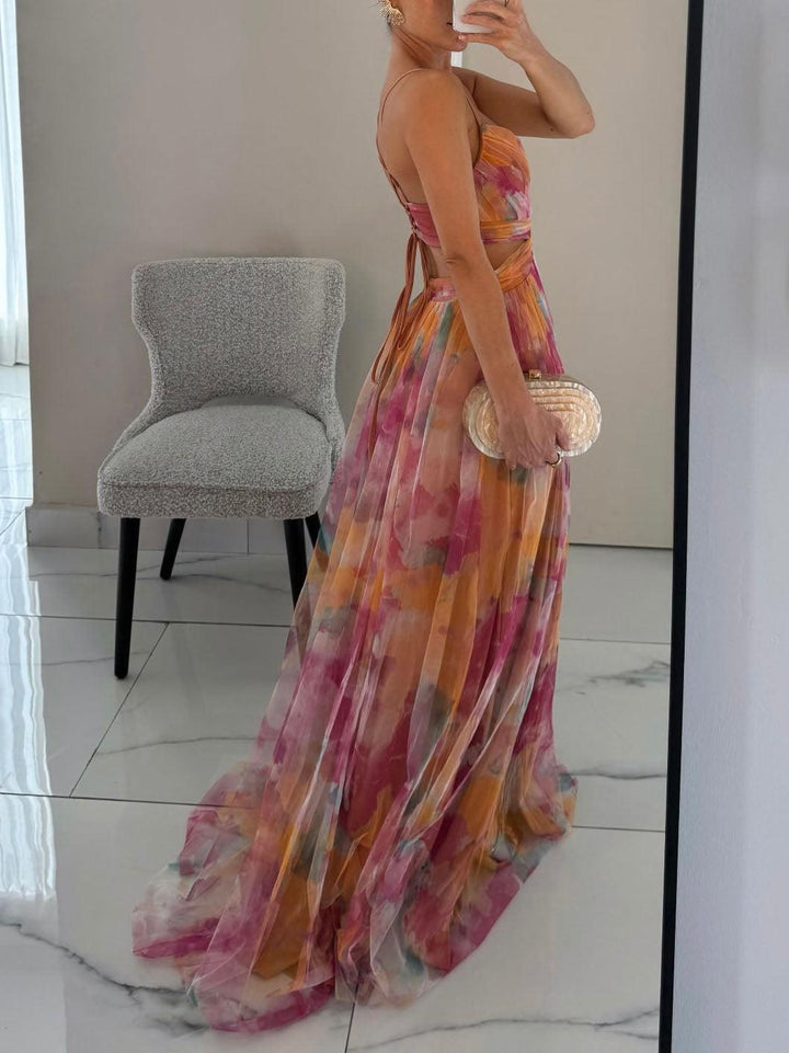 Elegantes Maxikleid in A-Linie mit gemaltem Blumenmuster und V-Ausschnitt
