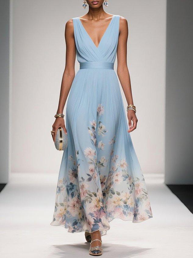 Hellblaues, ärmelloses A-Linien-Maxikleid aus Chiffon mit Blumenmuster und V-Ausschnitt
