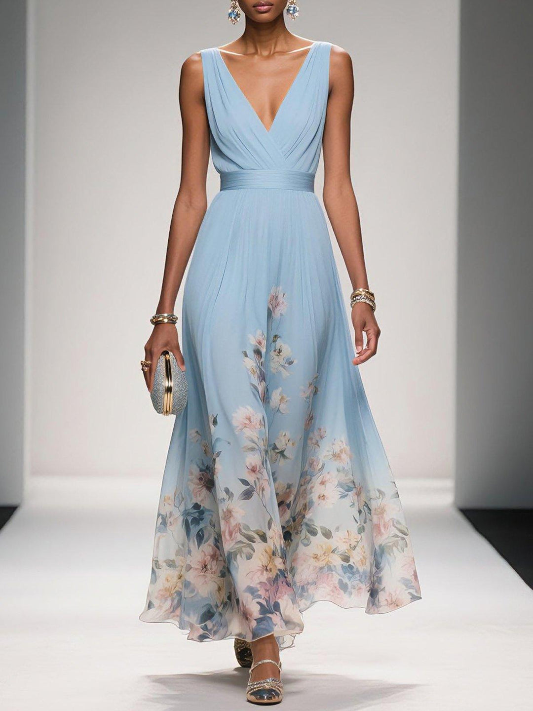 Hellblaues, ärmelloses A-Linien-Maxikleid aus Chiffon mit Blumenmuster und V-Ausschnitt