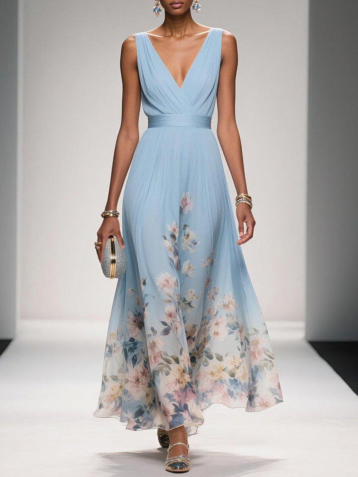 Hellblaues, ärmelloses A-Linien-Maxikleid aus Chiffon mit Blumenmuster und V-Ausschnitt
