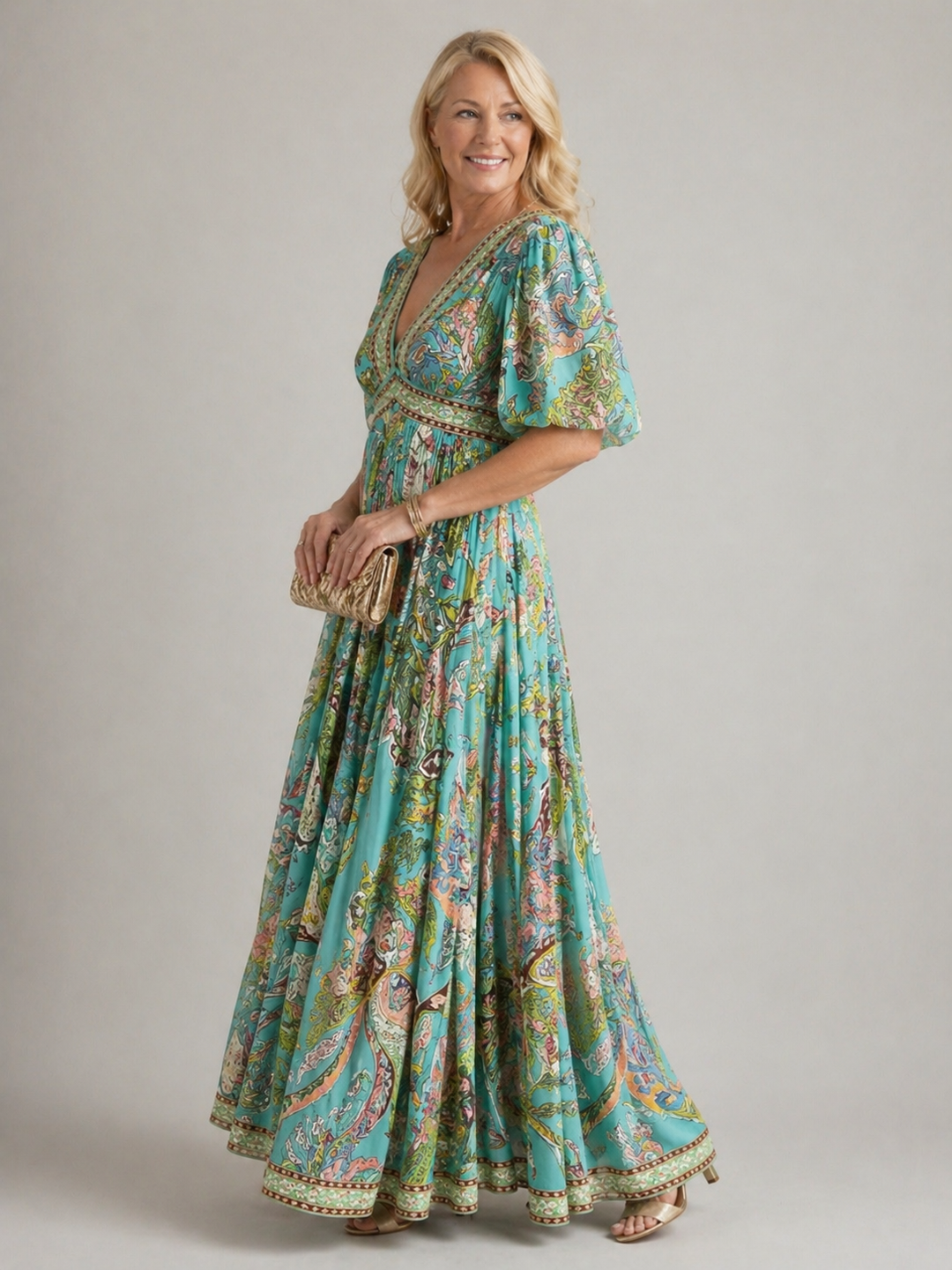 Claire Verra™| Airy maxi dress with puff sleeves and V-neck