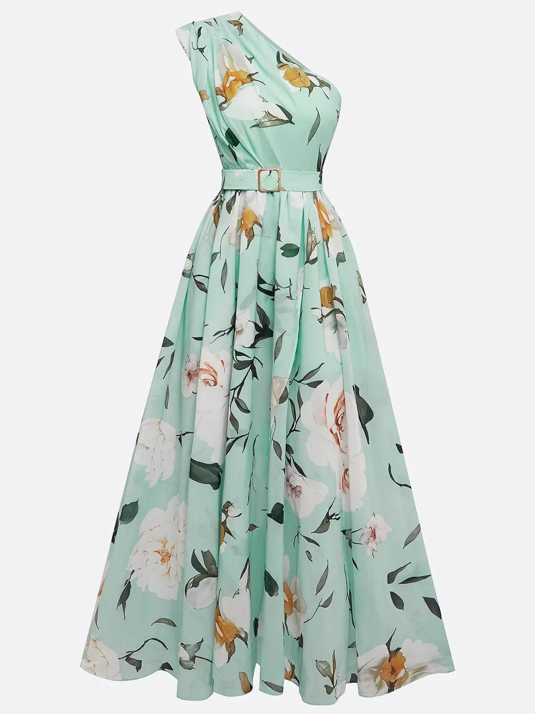 Hellgrünes, geblümtes, gerafftes A-Linien-Maxikleid aus Chiffon mit One-Shoulder-Schulter.