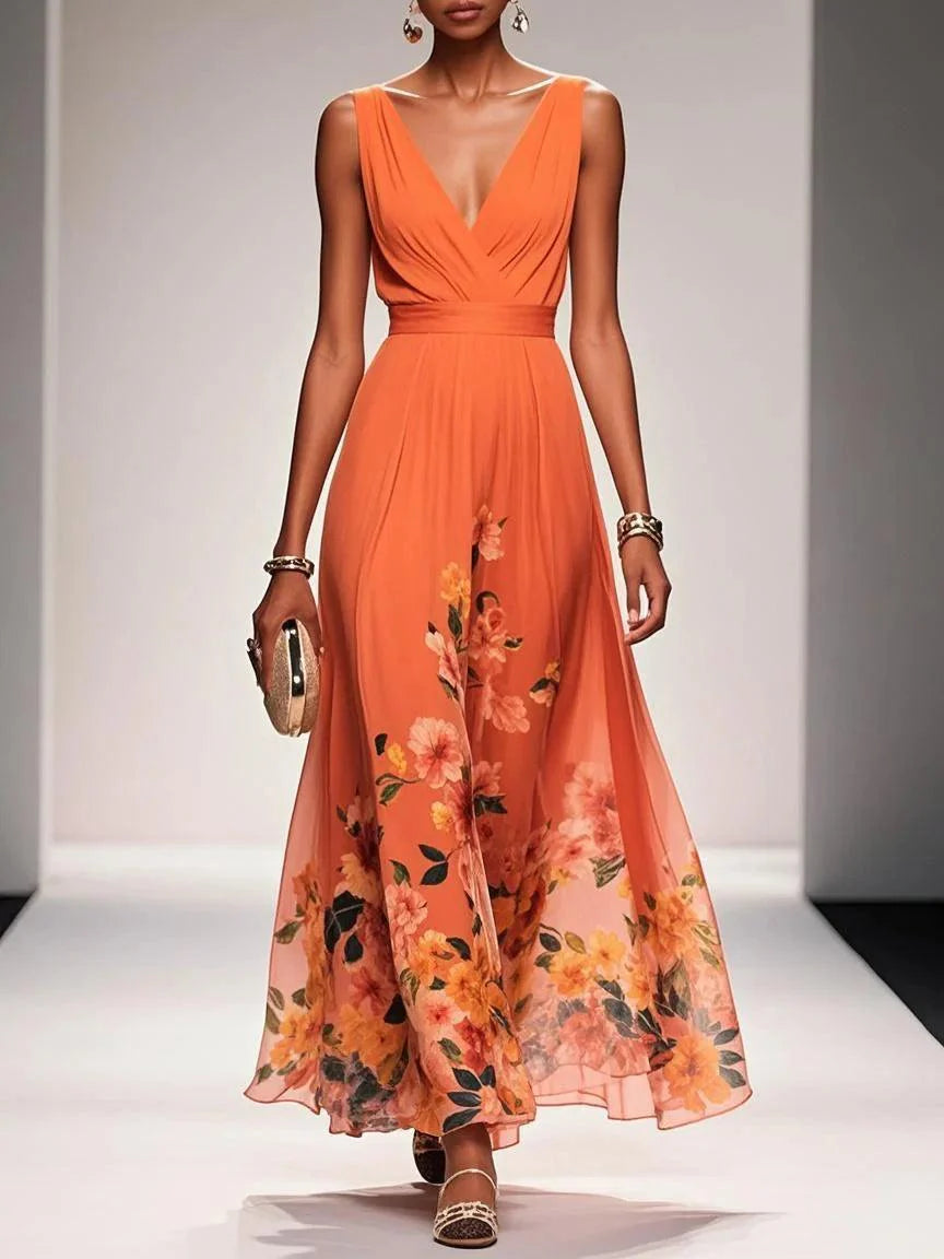 Hellblaues, ärmelloses A-Linien-Maxikleid aus Chiffon mit Blumenmuster und V-Ausschnitt