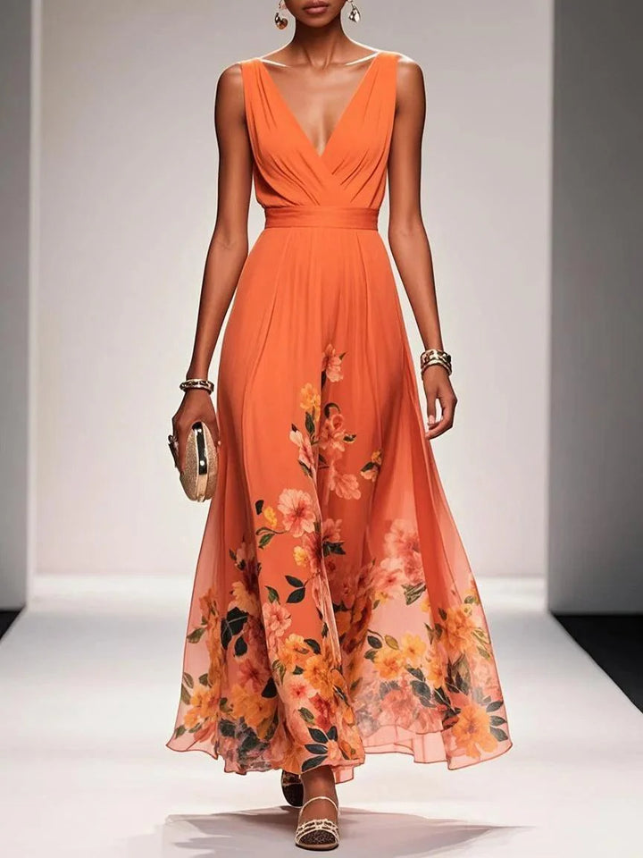 Hellblaues, ärmelloses A-Linien-Maxikleid aus Chiffon mit Blumenmuster und V-Ausschnitt