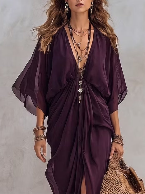 Casual Deep Purple Pleated Chiffon Maxi Dress
