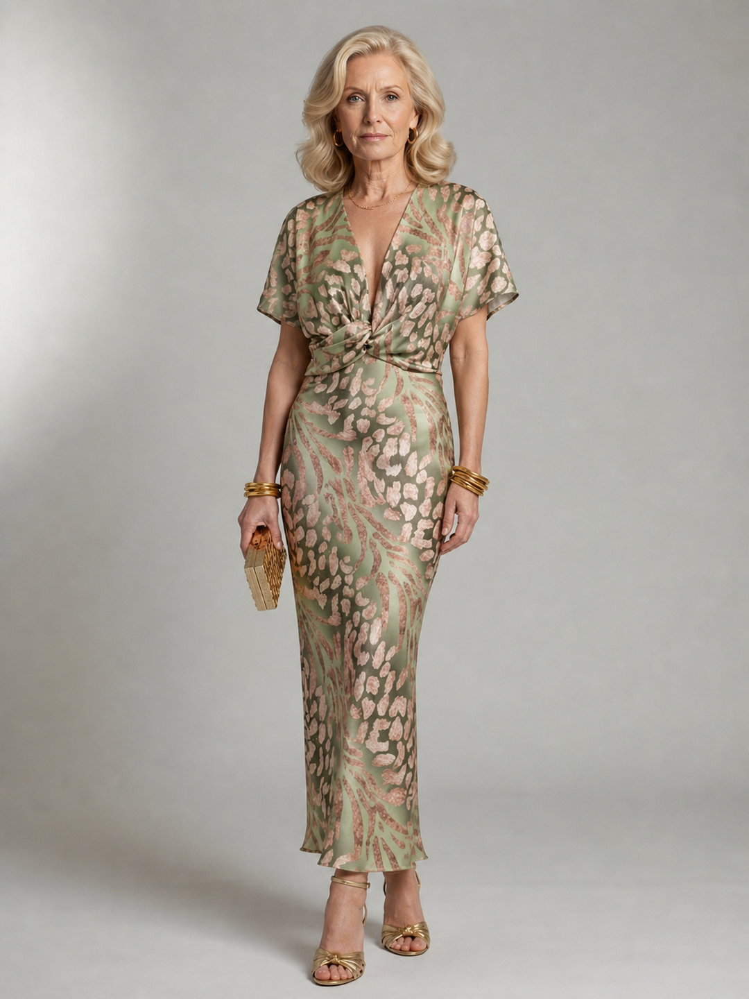 Claire Verra™ | Abstract Print V Neck Twist Waist Midi Dress