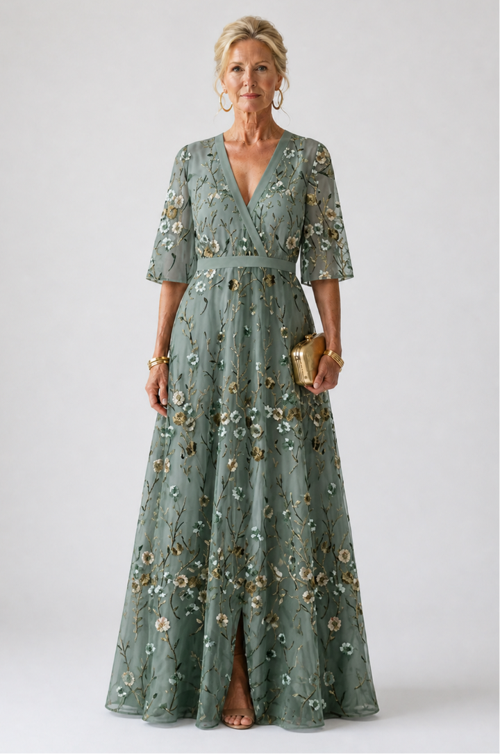 Claire Verra™ | Floral V Neck Short Sleeve Maxi Dress
