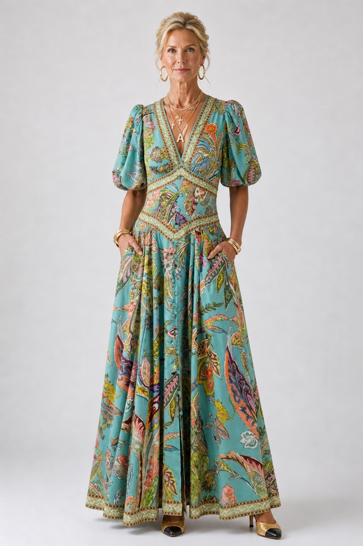 Claire Verra™| Airy maxi dress with puff sleeves and V-neck
