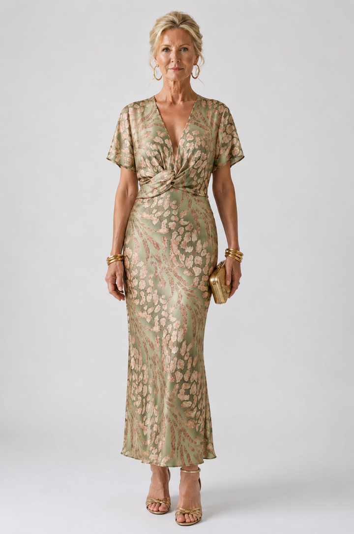 Claire Verra™ | Abstract Print V Neck Twist Waist Midi Dress