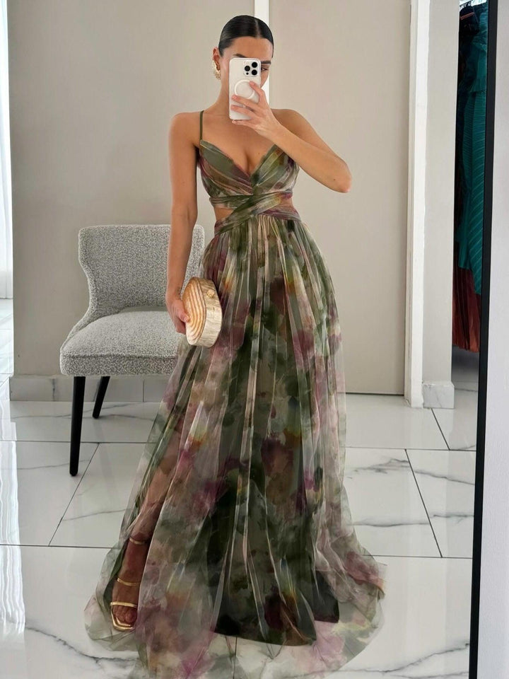 Elegantes Maxikleid in A-Linie mit gemaltem Blumenmuster und V-Ausschnitt