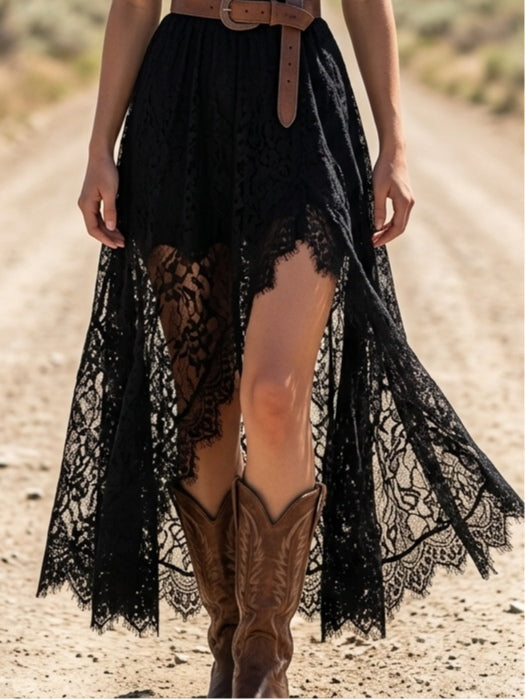 Vintage V-Neck Black Lace Maxi Dress（Belt included）