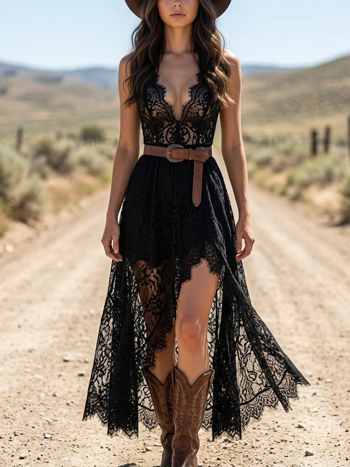 Vintage V-Neck Black Lace Maxi Dress（Belt included）