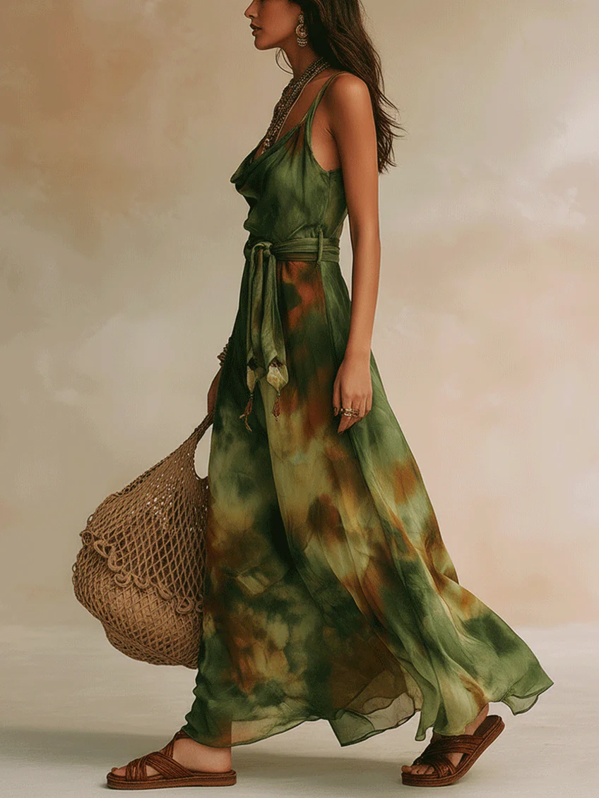 Green Abstract Print Halter Neckline Spaghetti Strap Tie-up Maxi Dress