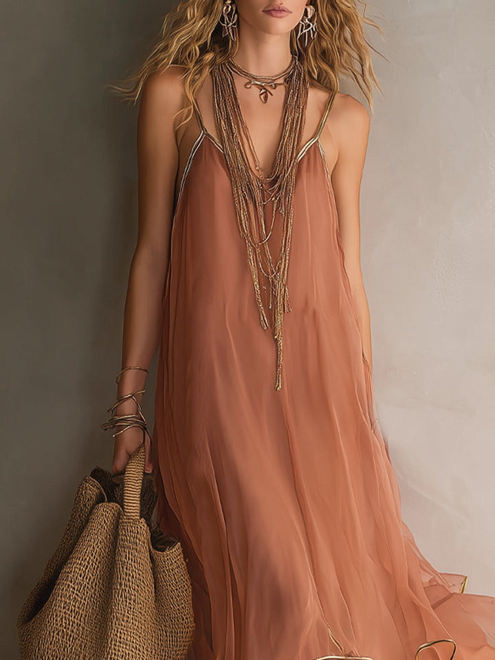 Dusty Pink And Gold Trim Halter-neck Ruffled Maxi Dress
