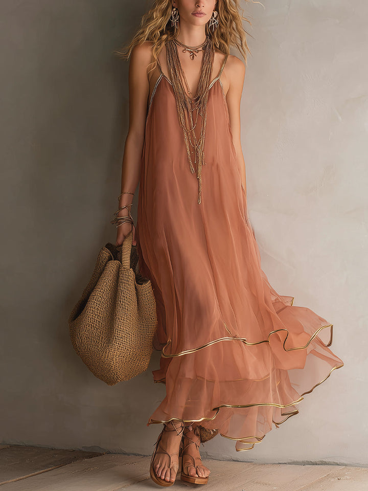 Dusty Pink And Gold Trim Halter-neck Ruffled Maxi Dress