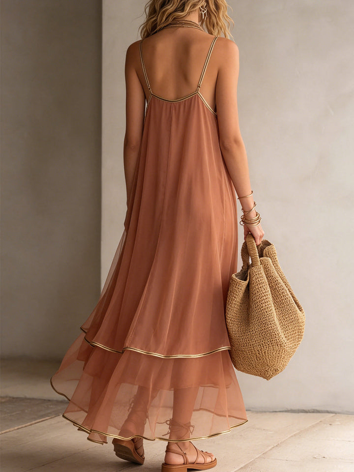 Dusty Pink And Gold Trim Halter-neck Ruffled Maxi Dress