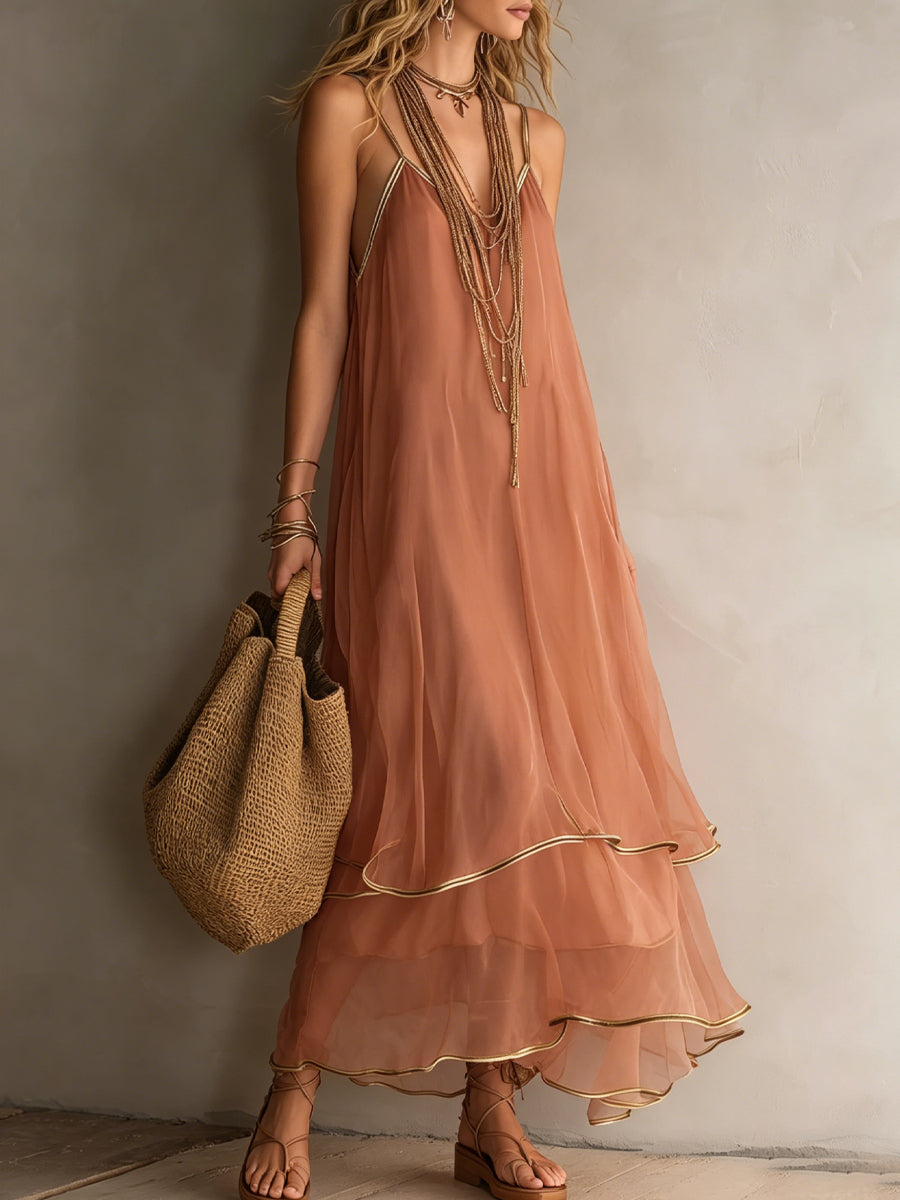 Dusty Pink And Gold Trim Halter-neck Ruffled Maxi Dress