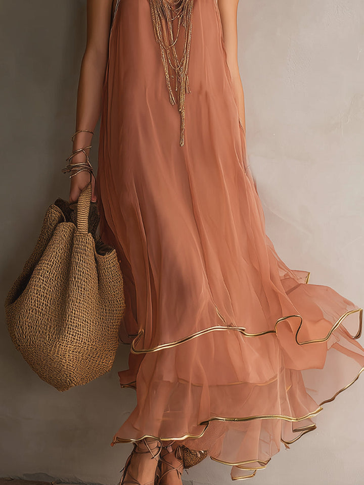 Dusty Pink And Gold Trim Halter-neck Ruffled Maxi Dress