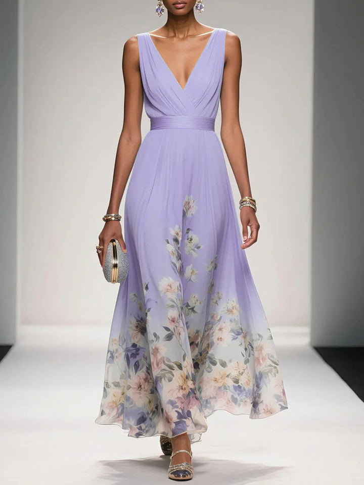 Hellblaues, ärmelloses A-Linien-Maxikleid aus Chiffon mit Blumenmuster und V-Ausschnitt
