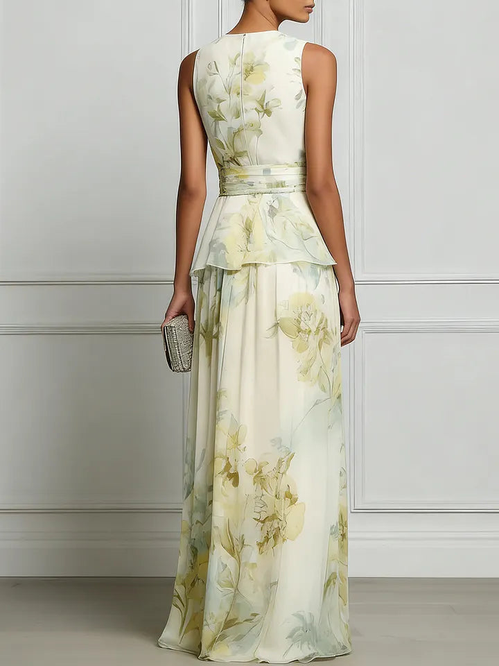 Layered Floral Sleeveless Waist Flowing Maxi Dress
