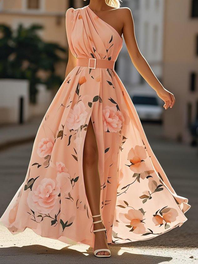 Hellgrünes, geblümtes, gerafftes A-Linien-Maxikleid aus Chiffon mit One-Shoulder-Schulter.