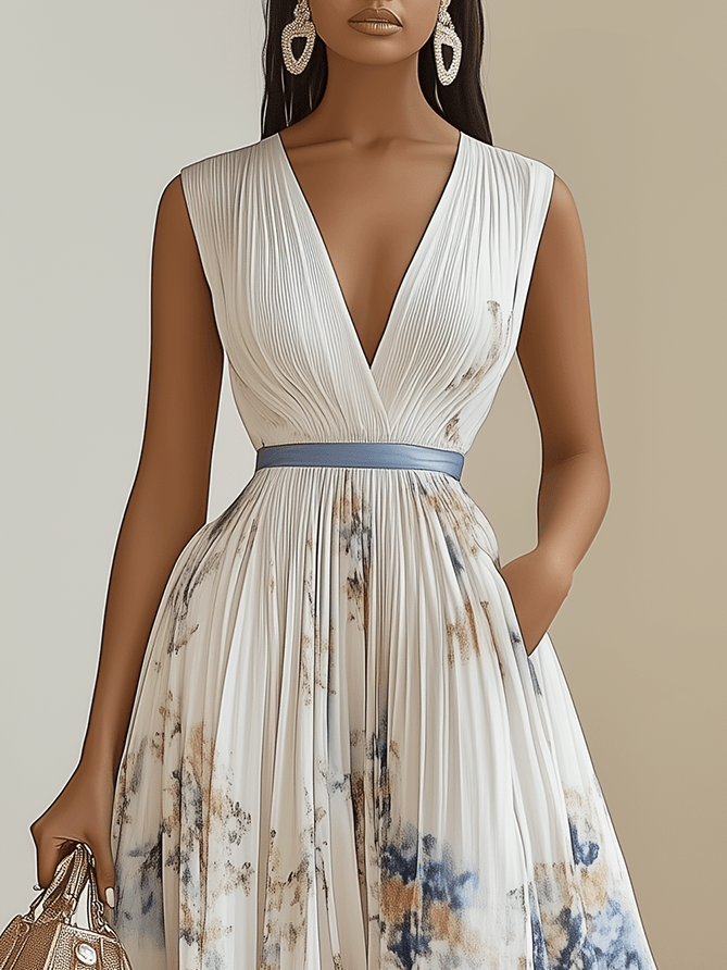Frühlingsneues weißes plissiertes Chiffonkleid mit Blumenmuster, V-Ausschnitt, ärmellos, A-Linie, Midi-Länge, mit V-Ausschnitt, ärmellos