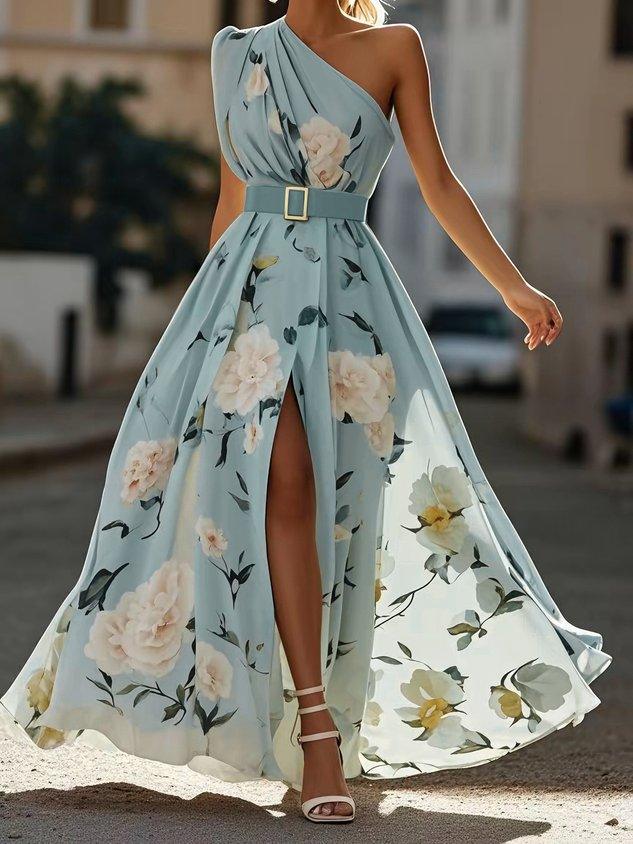 Hellgrünes, geblümtes, gerafftes A-Linien-Maxikleid aus Chiffon mit One-Shoulder-Schulter.